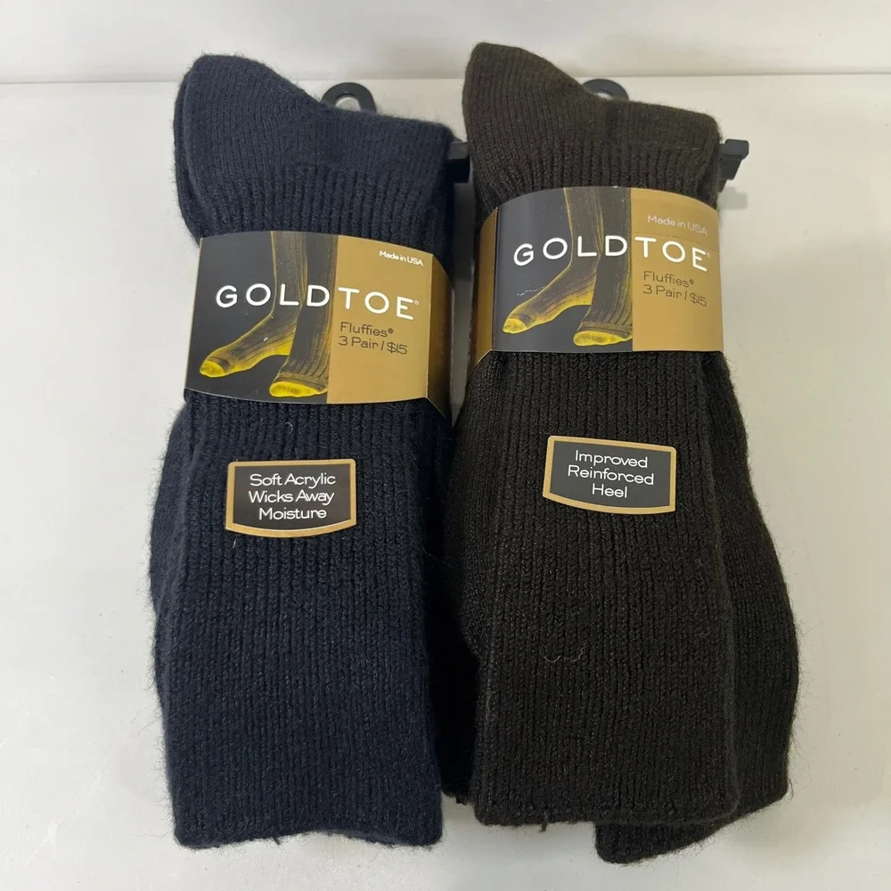 NEW Vtg Gold Toe Fluffies Crew Socks Men 10-13 Navy Brown 6 Pair USA Made Soft